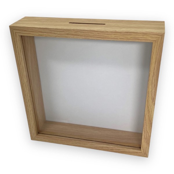 BUSDUGA 4115 Caisse d'épargne aspect bois, à personnaliser soi-même 20 x 20 x 5 cm, cadre photo, blanc, tirelire à faire soi-même, cadeau d'argent (aspect bois)