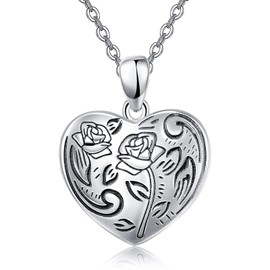 KINGWHYTE Love Heart Locket Necklace That Holds Picture S925 Sterling Silver Rose Flower Necklace I Love You Forever Engraved Photo Locket Necklace Jewelry Gifts for Women Mom Girls