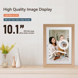 10.1" Digital Picture Frame with Remote Control, 1280 * 800 IPS Full View Ultra Clear Screen, Removable Wooden Frame, Auto-Rotate Slideshow Share Videos Photos Send Wishes Remotely