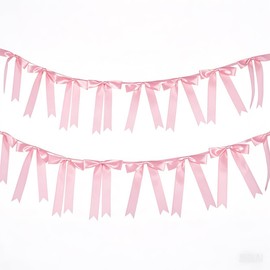 Pink Bow Garland, 2 Pcs Pink Bow Banner Hanging Ribbon Garland Party Decorations for Birthday, Bachelorette Bridal Shower, Tea Party, Wedding, Coquette Room Decor, Baby Shower Decorations for Girl