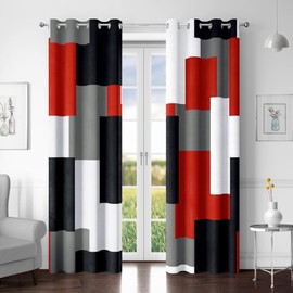 Tyrot Red Black 100% Blackout Curtains for Bedroom 84 inch Length 2 Panels Set White Grey Modern Abstract Geometric Black Out Curtains Insulated Room Darkening Window Drapes for Living Room, 52Wx84L
