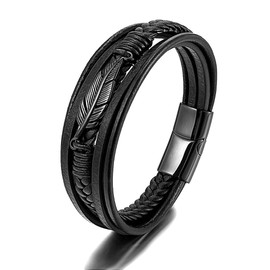 Vanski Men's Stainless Steel Angel Wing Feather Multilayer Braided Leather Wrap Bracelet Black (Updated Clasp), 7.48inch (CXPH1333)