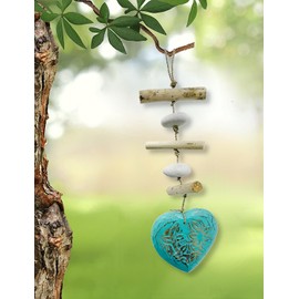 Heart Driftwood Hanging Coastal Decor - Beach Wood Stone Garland Indoor Outdoor Patio Garden Gift 15" Teal
