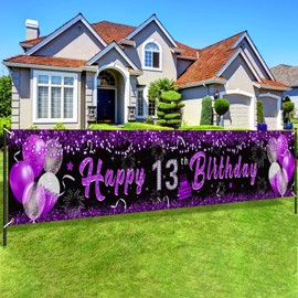 Purple and Black 13th Birthday Decorations for Girls - Happy Birthday Yard Banner and Sign for Anniversary Party Supplies - Indoor Outdoor Decor
