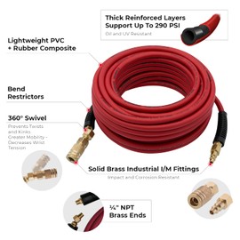 INTERTOOL 50ft Hybrid Air Hose, 1/4” Diameter, Lightweight Flexible, Reinforced Lining, All-Weather Kink Resistance, Brass Fittings, Plug, Quick Coupler PT08-1762