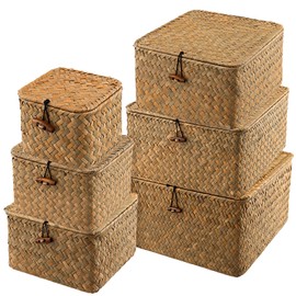 MOUYAT 6 PCS Wicker Storage Baskets with Lids, Handwoven Woven Storage Basket, Rectangular Wicker Storage Baskets for Storage Home Decor