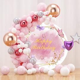 Renaiss Happy Birthday Round Backdrop Cover 7.2ft Polyester Butterfly Flowers Pink Watercolor Circle Backdrop Cover for Girls Women Birthday Party Decor Photo Prop