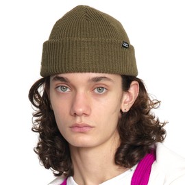 UNDERCONTROL Logo Label Patch Unisex Fall Winter Elastic Short Thick Cuffed Rollup Warm Beanie Korea Trawler Fisherman Soft Breathable Knit Skullcap (Acrylic, Double TAB Khaki)