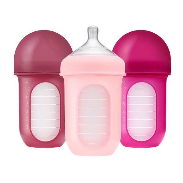 Boon NURSH - Biberones de silicona reutilizables con diseño de bolsa de silicona plegable, esenciales para el bebé, 3 unidades, etapa 2, flujo medio, 8 onzas, color rosa