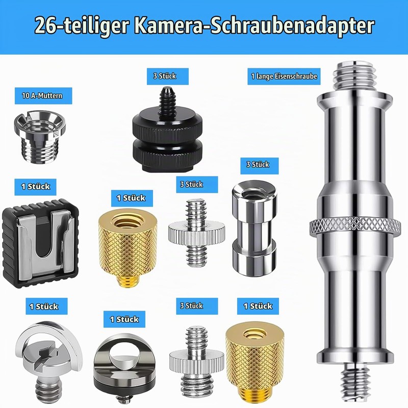 Nizirioo 26 Piece Camera Screw: 1/4 Inch to 3/8 Inch