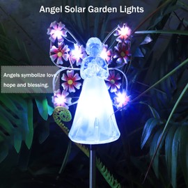 Solar Garden Lights, LED Angel Solar Landscape Decorative Lights, Outdoor Waterproof Solar Garden Stake Lights, Solar Pathway Lights for Patio Yard Lawn Grave Cemetery, Memorial Sympathy Gift (Pink)