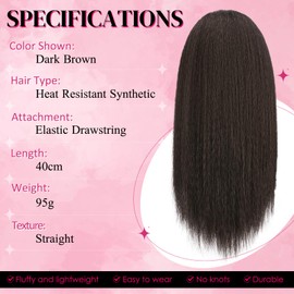 PEACOCO Drawstring Ponytail for Black Women Long Yaki Straight Ponytail Hair Extension 16 Inch Thick Pony Tail Clip in Synthetic Ponytail Hairpiece 4# Dark Brown
