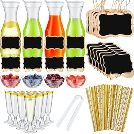 Mumufy 82 Pcs Mimosa Bar Supplies Plastic Water Carafe with Lids Plastic Champagne Flutes Pitchers for Drinks with Serving Bowls Serving Tongs Chalkboard Stickers Straws (Vivid Colors,Classic)