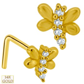 Dragonfly 14k Solid Yellow Gold Dragonfly Design 4 Round Clear Zircon L-Shape Nose Ring