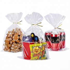 Wowfit 50 CT 9x14 Inch Clear Flat Cellophane Gift Bags with 6" Gold Twist Ties, Cello Packaging for Goodies, Decorations, and Wedding Gift Wrapping