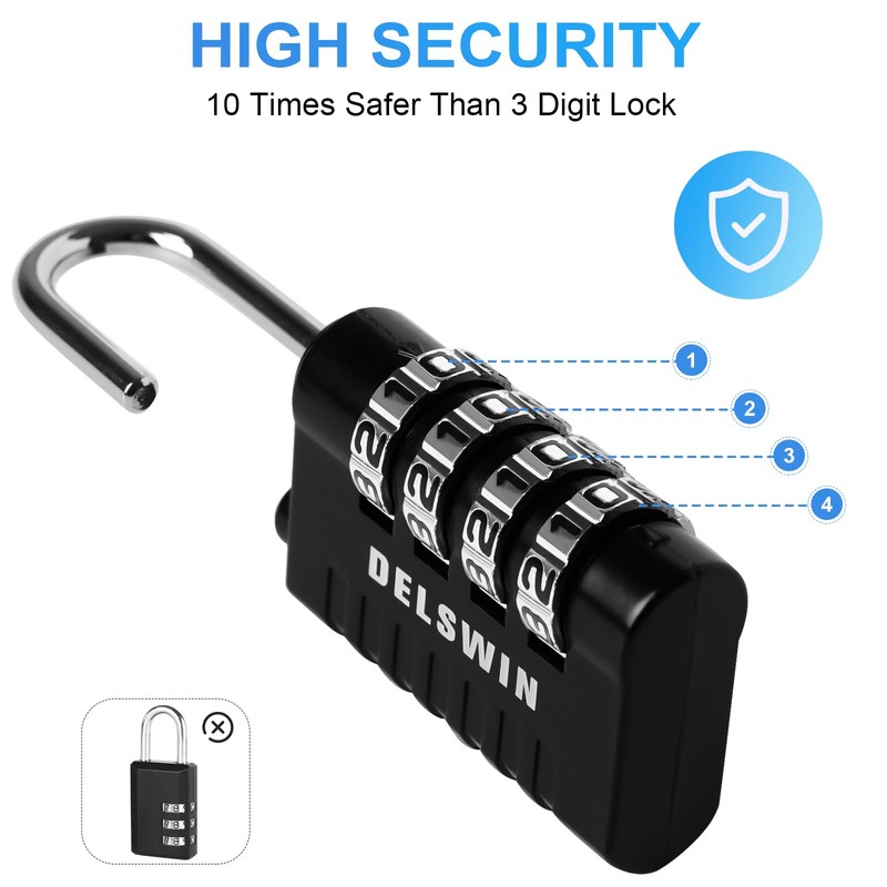 DELSWIN Combination Lock 4-Digit Small Padlock - 4Pcs Resettable Combo