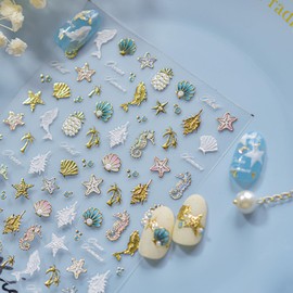 5D Embossed Shell Nail Stickers Self-Adhesive Summer Nail Art Stickers White Gold Coconut Tree Ocean Life Designs Glitter Nail Art Supplies Beach Nail Decals for Women Girls Acrylic Nail Salon DIY