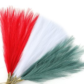 YLOLUL 36 Pcs Christmas Colored Faux Pampas Grass 21.6 Inch Red Green White Artificial Pompous Grass Small Flower Arrangement Vase Filler Xmas Fake Pampas Stems for Home Table Decoration