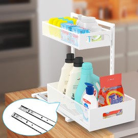 TISTAYA Pull-out Under Kitchen Sink Organizer, Metal Functional Under Sink Organizer, Height Adjustable Under Bathroom Sink Organizer, Under Sink Storage for Kitchen Bathroom Cabinet (White)
