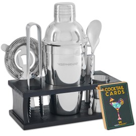 Modern Mixology Bartender Kit - 8-Piece Silver Cocktail Shaker Set with Black Wood Stand, Recipe Cards, and Bar Accessories Ideas