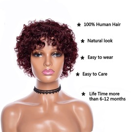 Selina Wigs For Black Women Human Hair Short Afro Kinky Curly Human Hair Wigs Machine Made Wigs Brazilian Hair Wigs Short Curly Wigs Natural Color Hair (99 j, 6Inch)