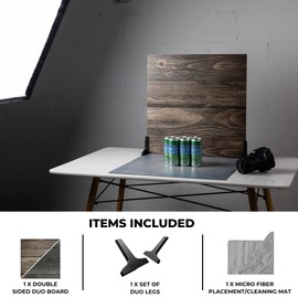 V-FLAT WORLD Duo Board Product Photography Backdrops - 2-Sided Background for Photograph, Realistic Item & Food Photography Background - Includes 2 Legs & Mat - 24" x 24", Vintage Oak/Ink Hardwood