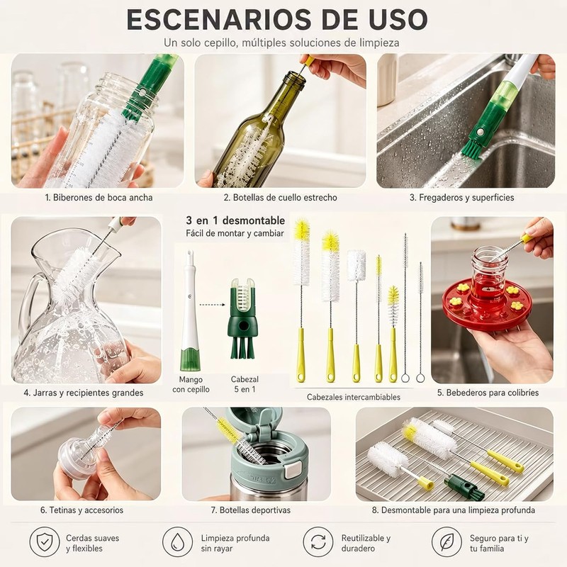 Set de 9 Pcs Cepillos de Limpieza, Mango Largo Desmontable