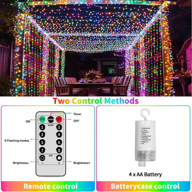 Curtain Lights Battery Operated 10x10Ft 300LED Waterproof Waterfall Light with