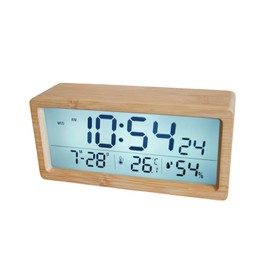 DEMI LOUS Table Clock, Alarm Clock, Stylish, Interior, European, Digital, Alarm Clock, Calendar Display, Thermometer, Hygrometer, Made of Natural Bamboo, Stylish, Living Room, Bedroom, Bedside, Alarm
