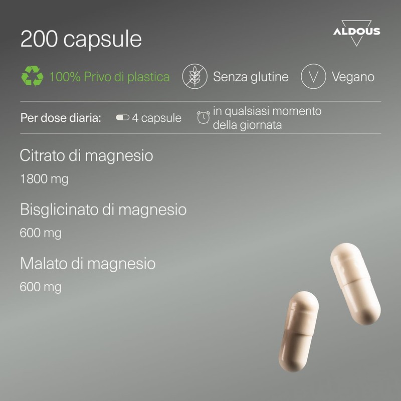 Magnesio Completo 3000mg - 200 Capsule - Magnesio Bisglicinato, Citrato,