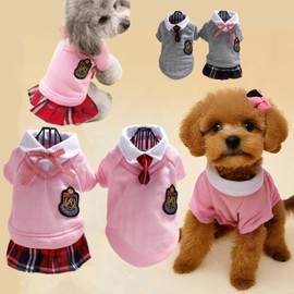 Selena Pet Uniform School Skirts Sailor Costume Dog Campus Clothes Teddy Cute Bowtie Adorable Puppy Apparel (X-Small,Pink Shirt)