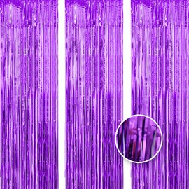 OWill 3pcs 3ft X 8.3ft Purple Metallic Tinsel Curtains Aluminum Foil Flow Silk Curtain Background Streamer Birthday Party Wedding Holiday Backdrop Decoration