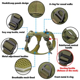 Plutus Pet Tactical Dog Harness, All Metal Buckles, No Pull Service Dog Vest with Handle, Adjustable Military Dog Harness with Hook & Loop Panels, for Small Medium Large Dogs, Ranger Green, S