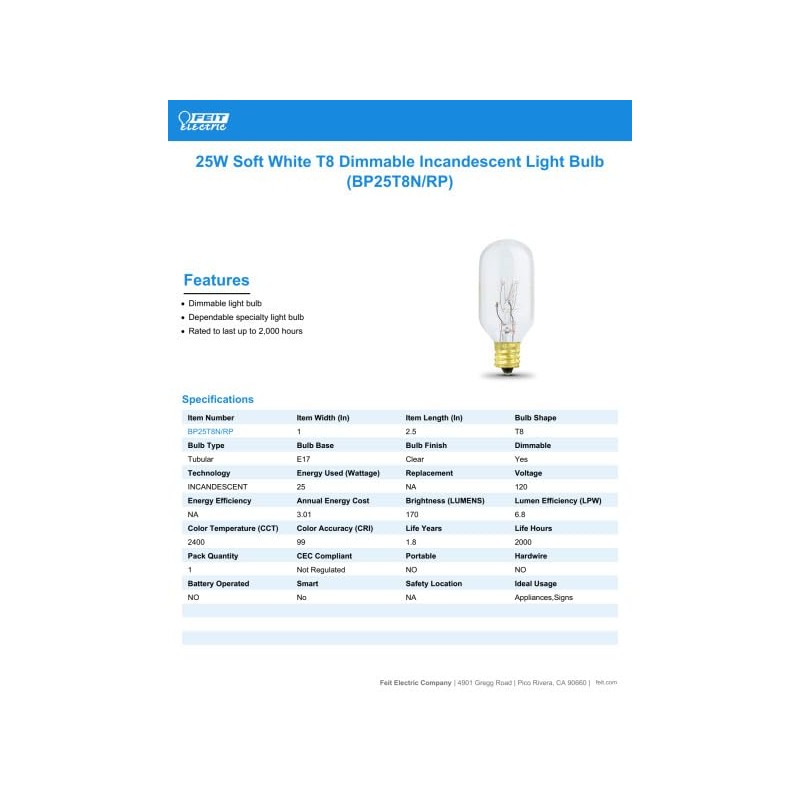 Feit Electric BP25T8N 25-Watt Intermediate Base Clear Appliance Incandescent Light