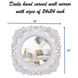 DEVLA Decorative Wall Mirror with Carved Wood Frame, 18x18 Inch, Farmhouse Vintage Style, White Antique
