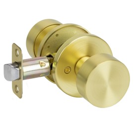 Privacy Door Knob with Lock, Interior Satin Brass Door Locks for Bedroom and Bathroom, Heavy Duty Door Handle Keyless Doorknob with Round Ball, Gold Door Knob Lock
