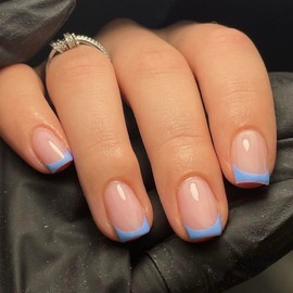 MERVF Short Press on Nails Square, Blue Tip French Fake Nails Squoval Acrylic Nails Glossy 24pcs Summer Glue ons False Nails DIY Manicure