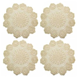kilofly Handmade Crochet Round Cotton Lace Table Placemats Doilies Value Pack [Set of 4], Lotus, Beige