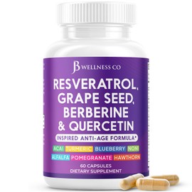 JB Wellness Resveratrol Grape Seed Extract, Berberine, Quercetin - Polyphenol Supplement for Women and Men with Noni Extract, N-Acetyl Cysteine, Acai Extract - 60 Capsules