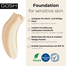 GOSH Foundation with SPF 15 for Light & Dark Skin, Vegan, Mattifying Makeup for Dry, Sensitive & Oily Skin, Smudge-proof and Sweat-Proof, Oil-Free, Coverage Adjustable, No Mask Effect, 006N