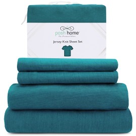 Posh Home Jersey Knit Sheets - 3-Piece Set - Breathable & Soft Cotton Jersey - Includes Flat Fitted Sheet & 1 Pillowcase - Twin, Teal