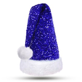 KONVINIT Long Christmas Hat Adult Santa Hat with Glitter Sequins and Plush Edge Christmas Elf Hat for Festive Christmas Party Christmas Tree, Blue