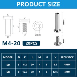 Pack of 20 connecting screws, M4 x 20 mm, furniture screws with sleeves, stainless steel A2 V2A furniture connector, cabinet connector, body connector for cabinets, wooden board (10 screw connectors