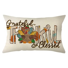 Ogiselestyle Thanksgiving Turkey Lumbar Throw Pillow Cover, 12 x 20 Inch Autumn Grateful Thankful Blessed Farmhouse Cushion Case for Sofa Couch