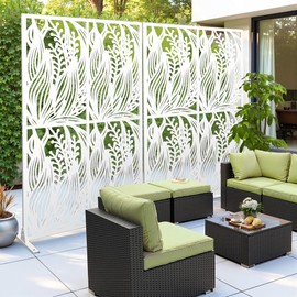 HIGREENA Metal Outdoor Privacy Screen, 72" H x 45.3" W Freestanding Decorative Privacy Panel with Hollow Design, Outdoor Decorative Fences for Patio Balcony Garden, Leaf White