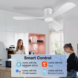 52in Smart Low Profile Ceiling Fans with Lights Remote,Quiet DC Motor,Outdoor Indoor Flush Mount Ceiling Fan,Control with WIFI Alexa App,Dimmable,6-speed,3 White Wood blades,for Modern Bedroom Patio