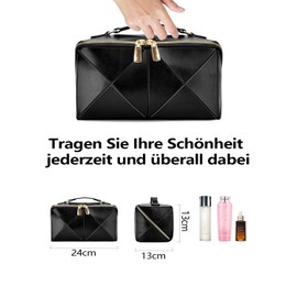 Groß Kosmetiktasche Schminktasche wasserdichte PU-Leder Reise Make-up-Tasche mit Große Weit Offener Tasche für Damen Frauen (Schwarz-2025)