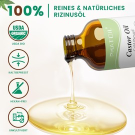PHATOIL Rizinusöl Bio 118ml - 100% Rein Natürlich Castor Oil USDA Organic - Kaltgepresst - Rizinusöl für Haare, Wimpern, Augenbrauen, Nägel, Bart, Pipetten + Augenbrauen Pinsel + Wimpernbürste