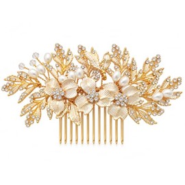 Gold Bridal Hair Comb, Pearl Crystal Floral Hair Clip, Wedding Fascinator
