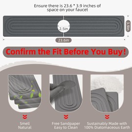 24'' Faucet Mat for Kitchen Sink, Long Diatomite Fast Drying Stone Sink Tray, Super Absorbent, Prevents Moisture Buildup - Faucet Splash Guard for Bathroom Counter (Dark Grey, 23.6" x 3.9")